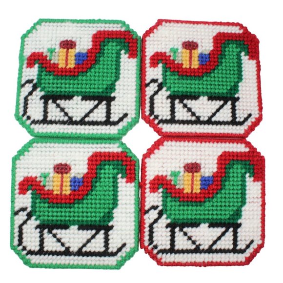 Handmade Other - Handmade Christmas Sleigh Stitched Yarn Needlepoint Plastic Canvas Coasters